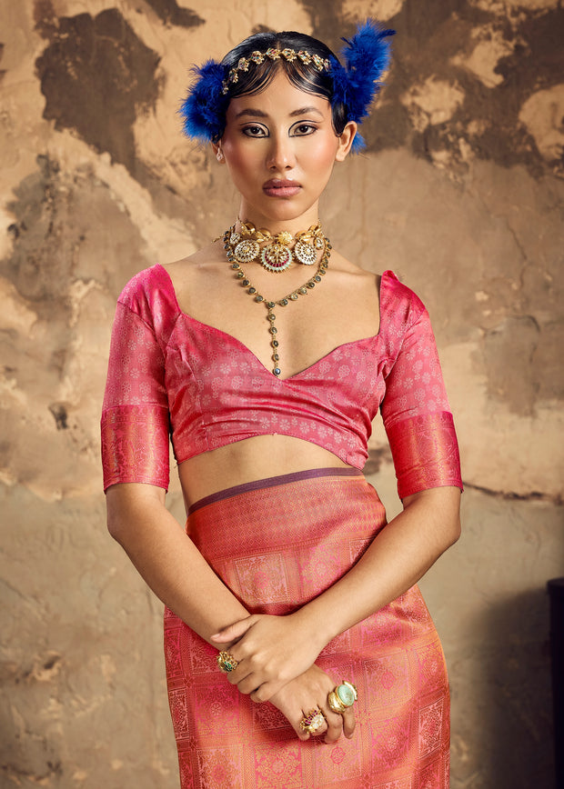 Coral Pink Woven Kanjivaram Silk Saree