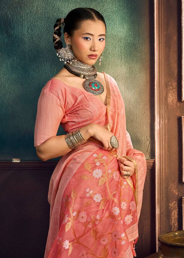 Peach Pink Woven Munga Cotton Silk Saree