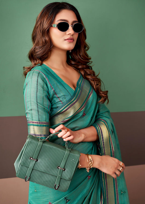 Teal Green Woven Cotton Silk Saree