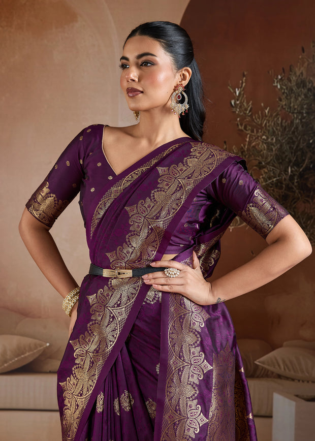 Dark Purple Woven Banarasi Silk Saree