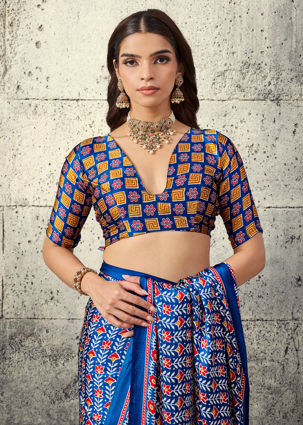 Indigo Blue Printed Satin Silk Saree
