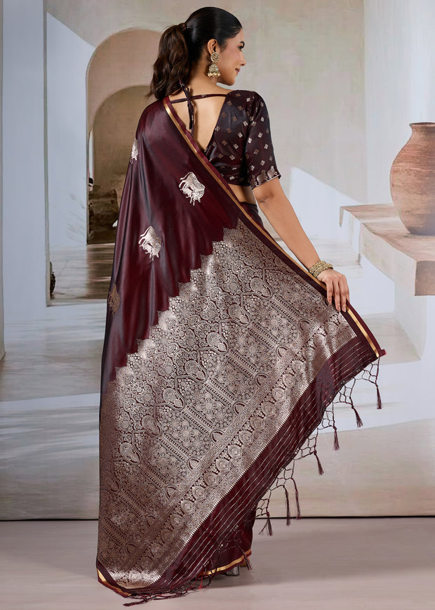 Chocolate Brown Banarasi Satin Silk Saree