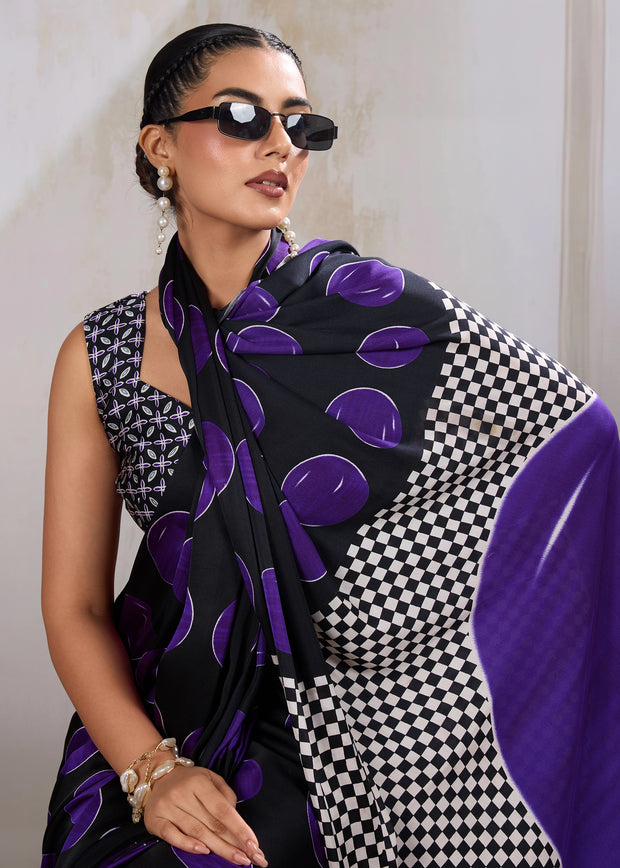 Purple Printed Satin Silk Saree