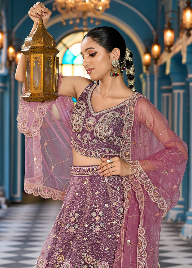 Beige Embroidered Net Lehenga