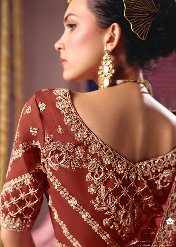 Rust Orange Embroidered Tissue Designer Saree