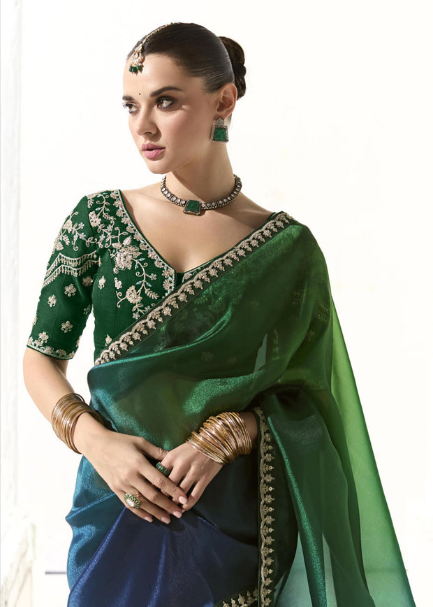 Jungle Green Designer Organza Tissue Silk Saree