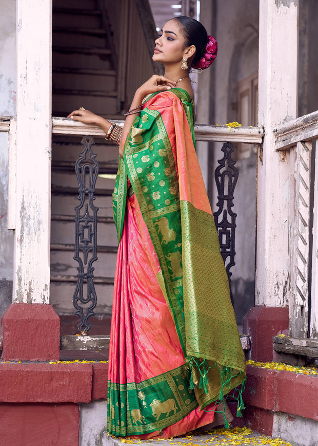 Peach Pink Woven Banarasi Silk Saree