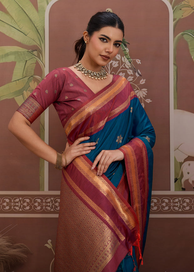 Nautical Blue Woven Banarasi Tussar Silk Saree