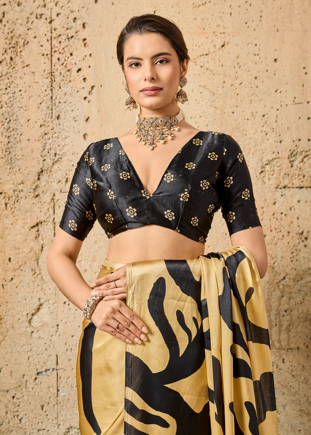 Classic Cream Printed Satin Silk Saree