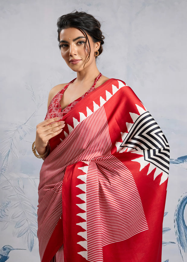 Cherry Red Printed Satin Silk Saree