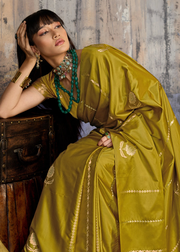 Apple Green Woven Banarasi Satin Silk Saree