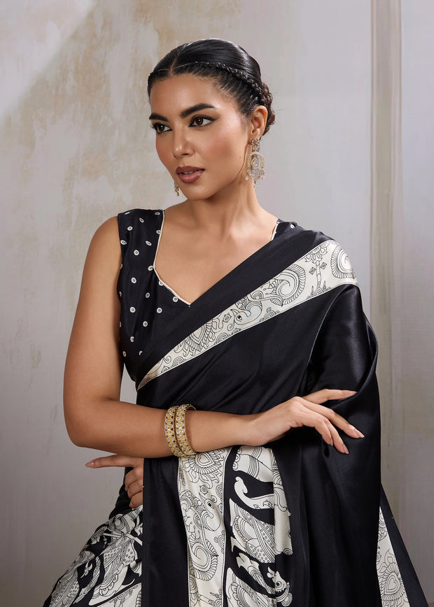 Deep Black Printed Satin Silk Saree