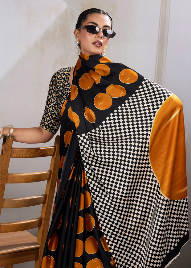Orange Printed Satin Silk Saree