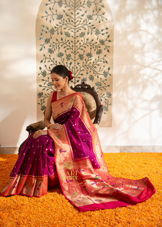 Dance of Peacocks purple Paithani Katan silk saree with woven peacock motif festive border