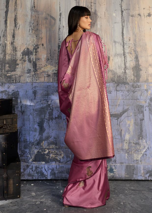 Mauve Pink Woven Banarasi Satin Silk Saree