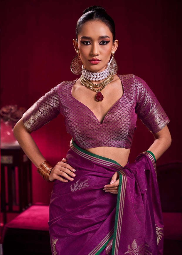 Phlox Purple Woven Banarasi Satin Linen Silk Saree