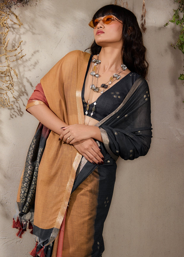 Black And Yellow Woven Cotton Silk Saree