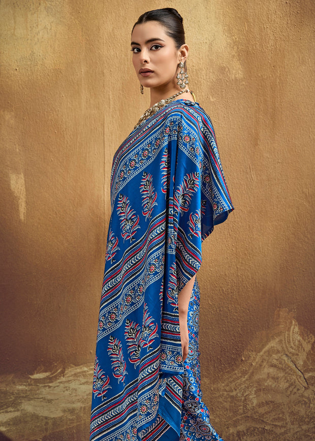 Parisian Blue Printed Satin Silk Saree