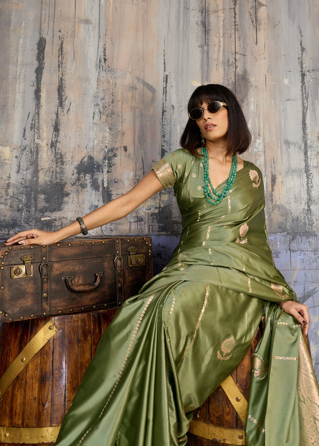 Kiwi Green Woven Banarasi Satin Silk Saree