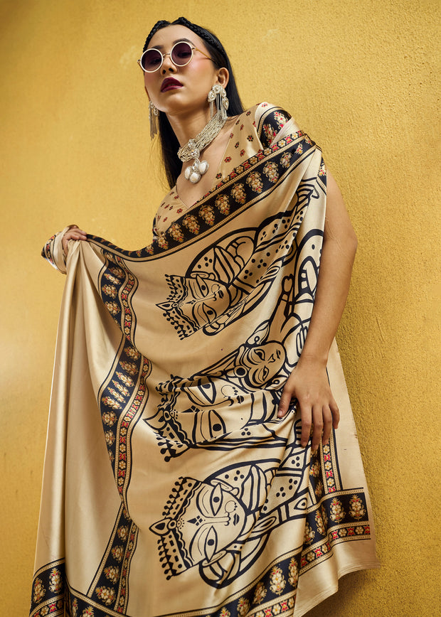 Ivory Satin Silk Saree with Ajrakh Printed Pallu and Blouse