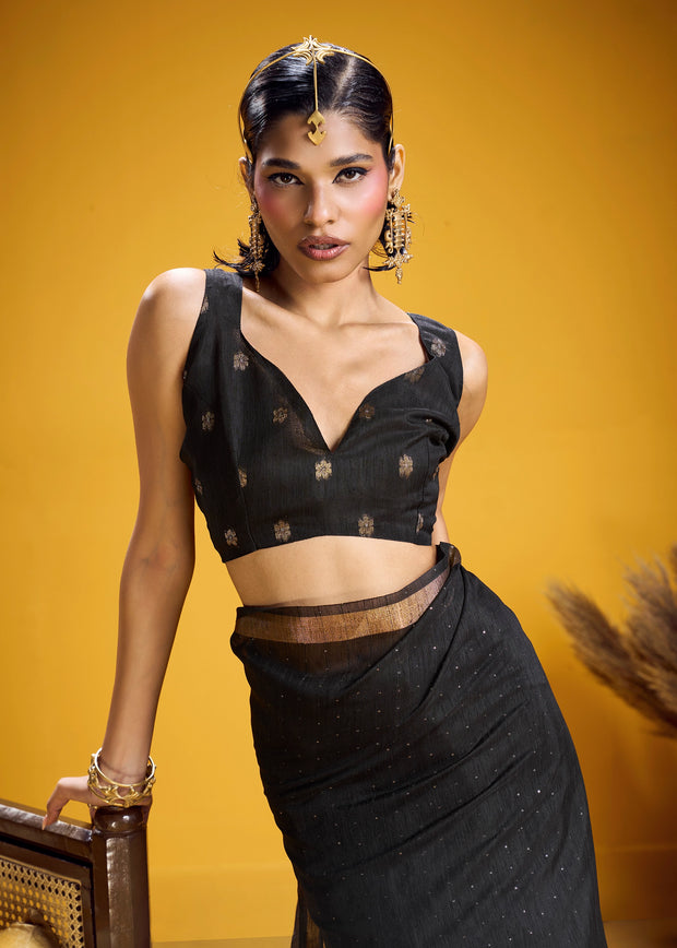 Jet Black Woven Cotton Silk Saree