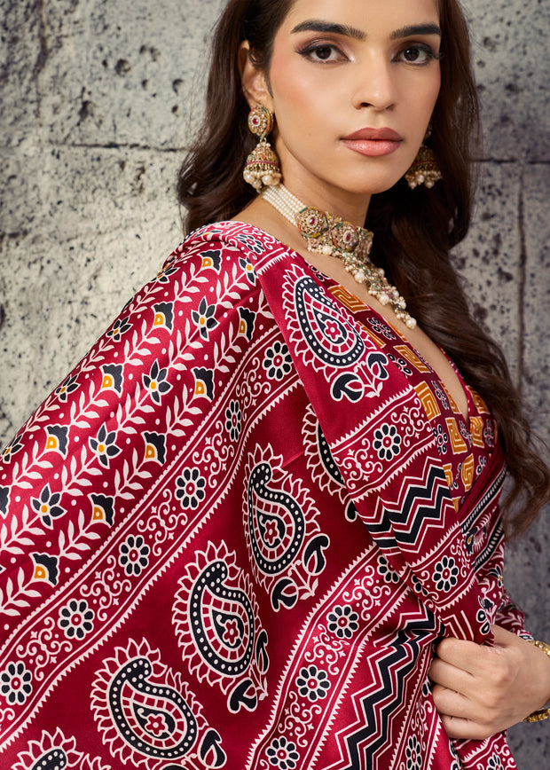 Red Printed Satin Silk Saree