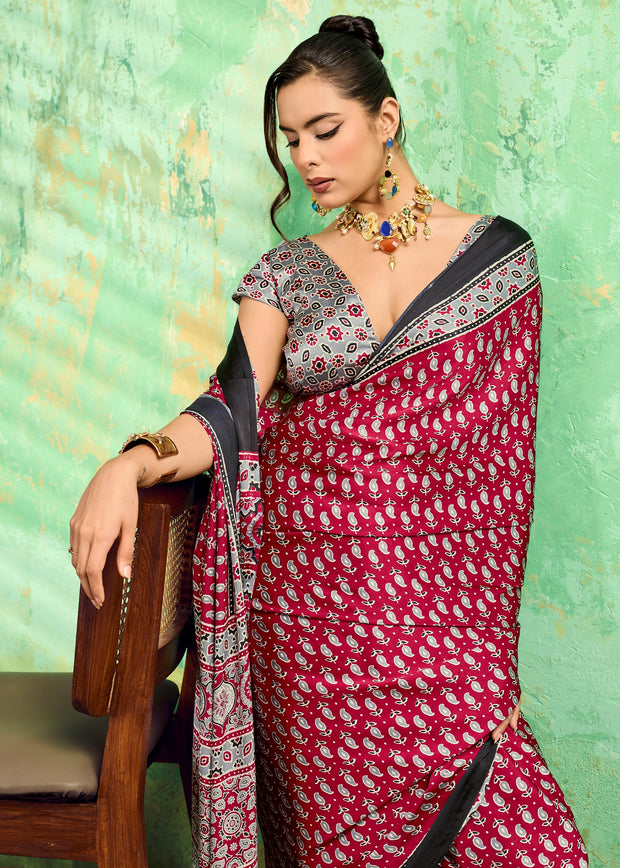 Scarlet Red Printed Satin Silk Saree