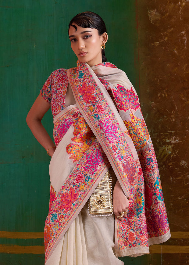 Desert White Woven Cotton Kashmiri Jamewar Saree