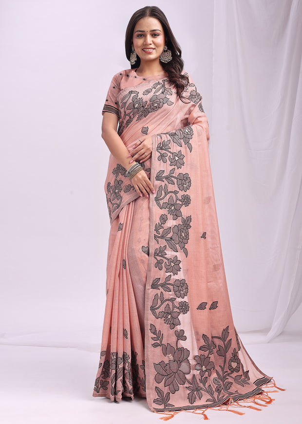 Rose Peach Woven Cotton Linen Silk Saree