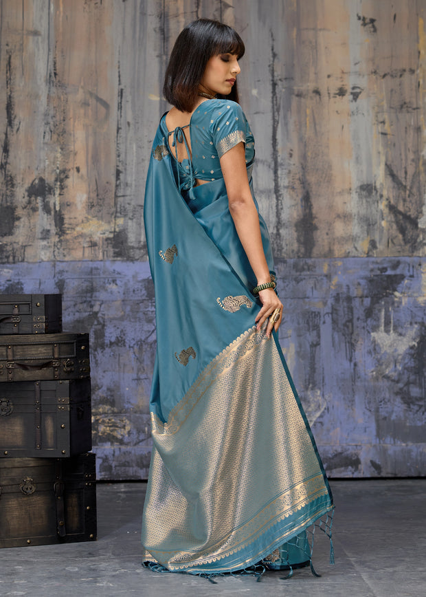 Dusky Blue Woven Banarasi Satin Silk Saree