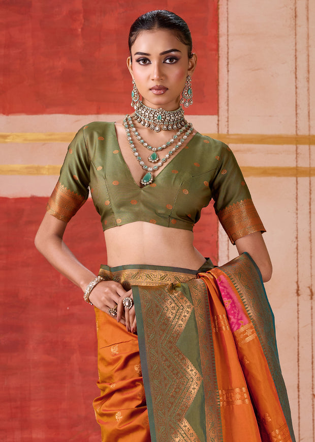 Russet Orange Dual Tone Bronze Zari Woven Banarasi Silk Saree