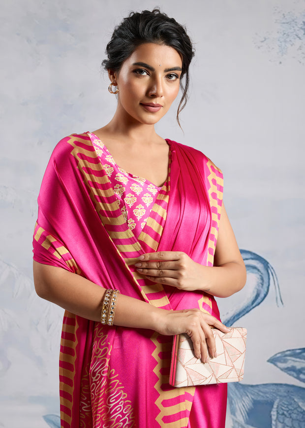 Magenta Pink Satin Silk Saree with Ajrakh Printed Pallu and Blouse
