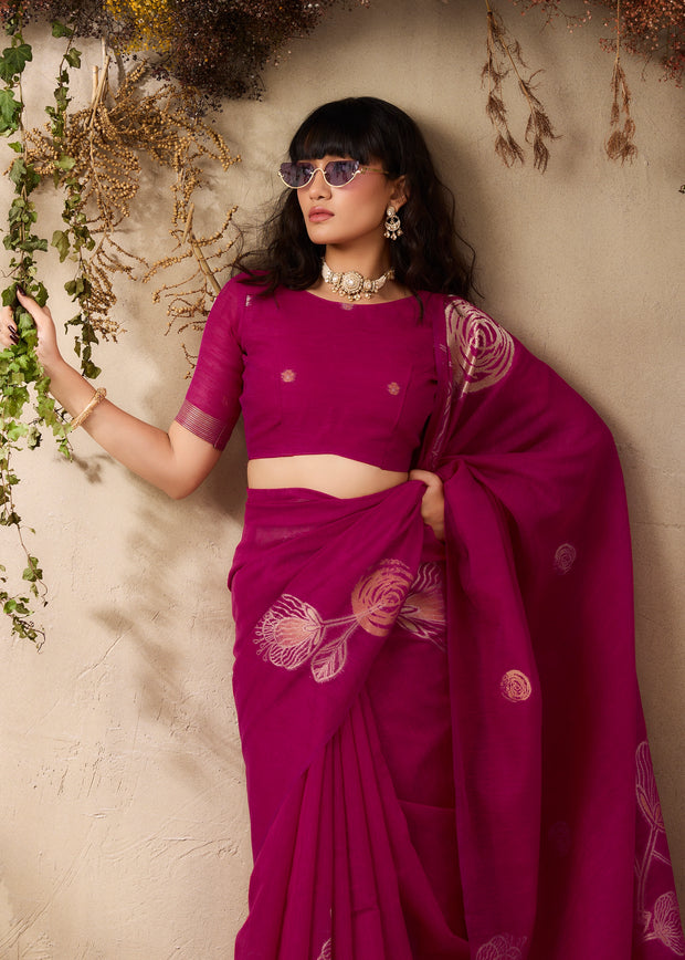 Magenta Pink Woven Soft Silk Saree