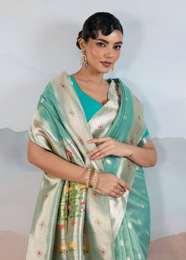 Ocean Green Woven Banarasi Tissue Silk Saree