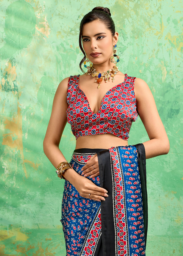 Blue Printed Satin Silk Saree