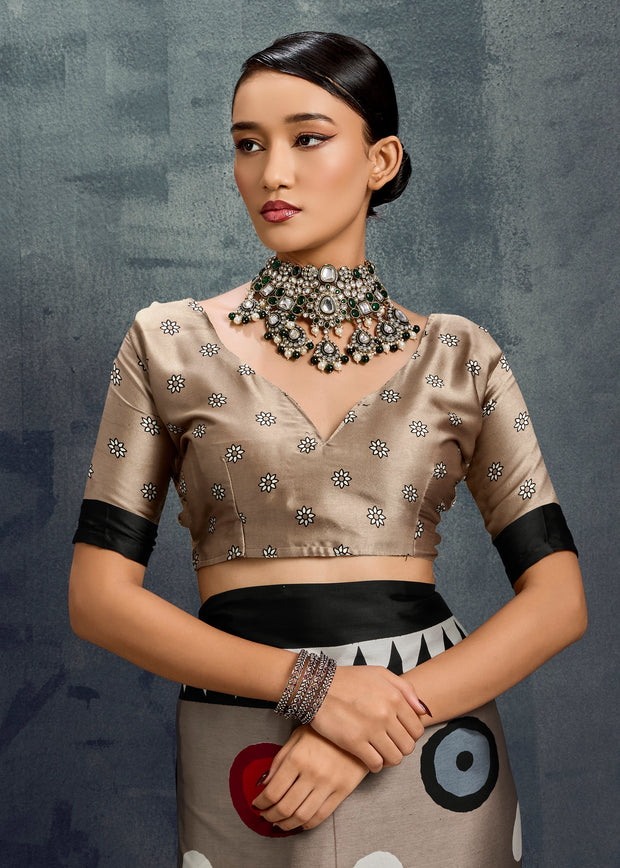 Fossil Grey Printed Satin Silk Saree