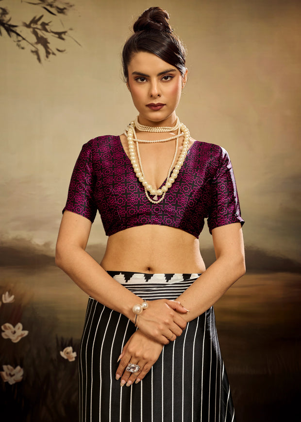 Black Printed Satin Silk Saree