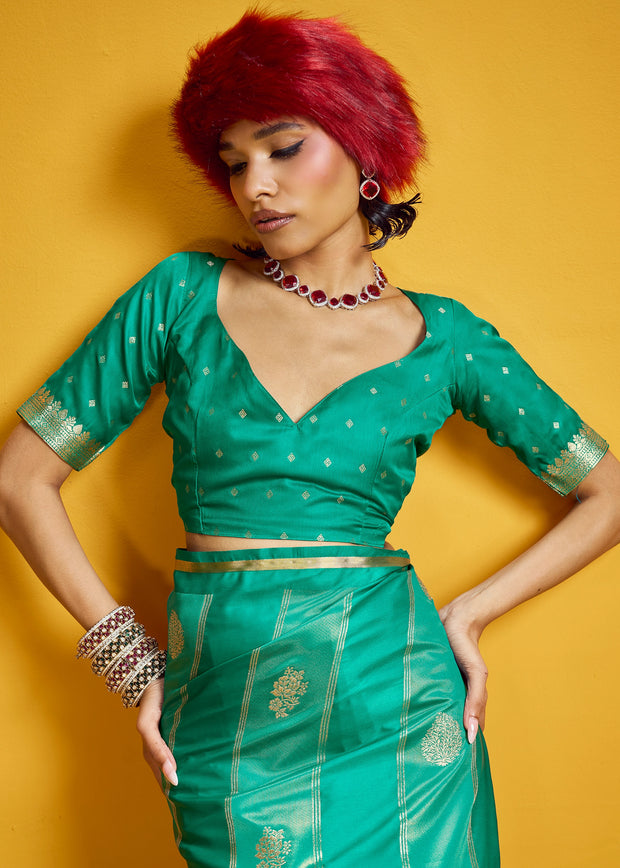 Aqua Green Woven Banarasi Satin Silk Saree