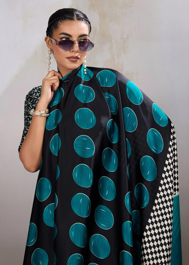 Teal Blue Printed Satin Silk Saree