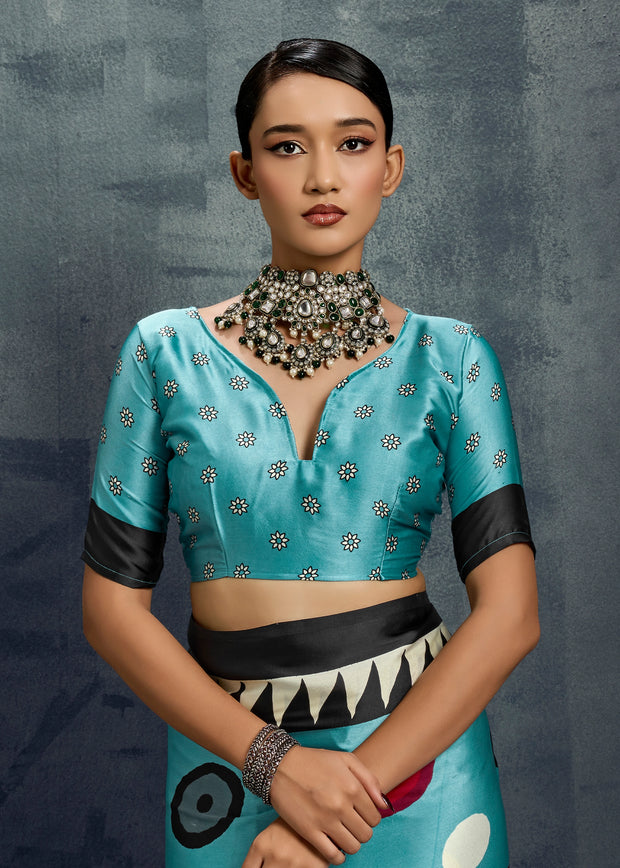 Sky Blue Printed Satin Silk Saree