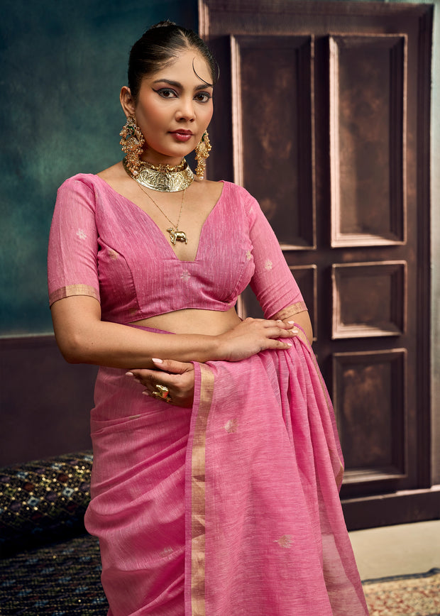 Carnation Pink Woven Cotton Silk Saree