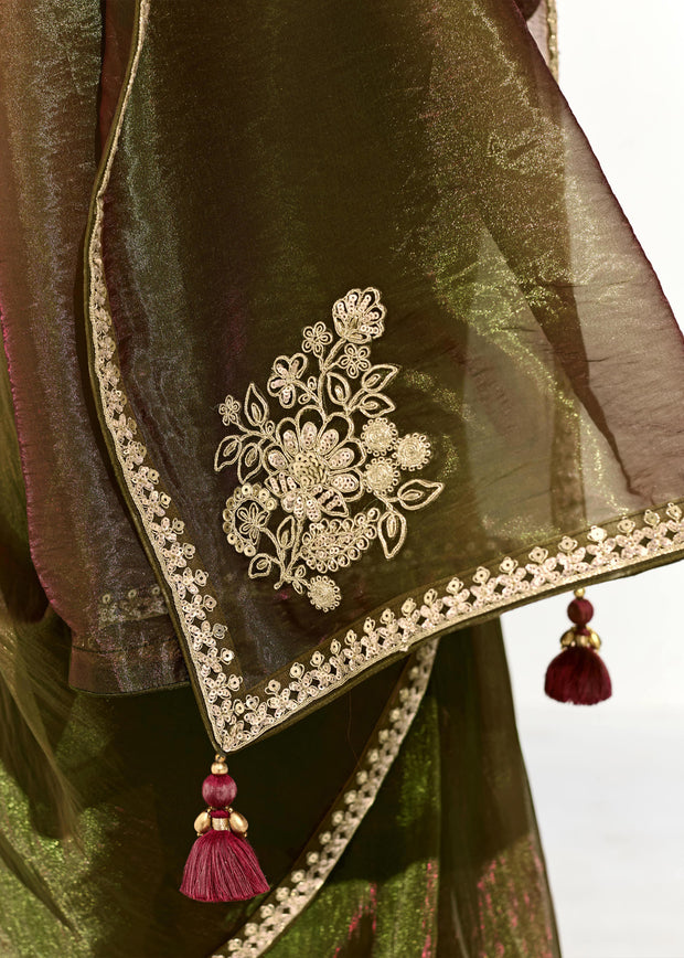 Mehndi Green Designer Organza Tissue Silk Saree