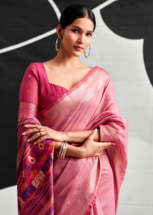 Flamingo Pink Woven Linen Cotton Silk Saree
