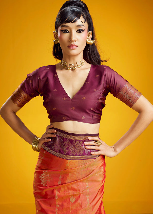 Peel Orange Woven Banarasi Silk Saree