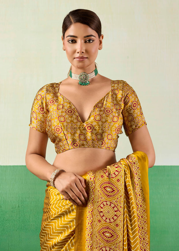 Golden Yellow Printed Satin Silk Saree