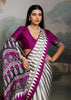Plum Purple And White Printed Satin Silk Saree