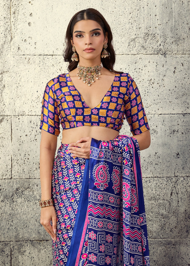 Crystal Blue Printed Satin Silk Saree