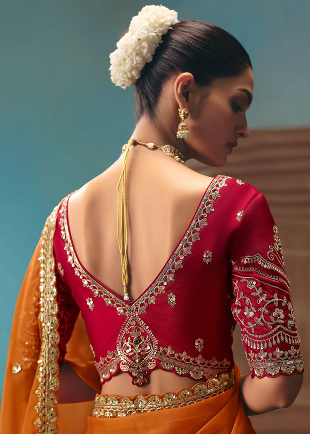 Peel Orange Embroidered Designer Saree