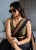 Jet Black Printed Satin Silk Saree