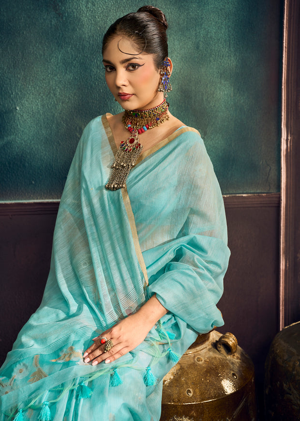 Sky blue Woven Munga Cotton Silk Saree